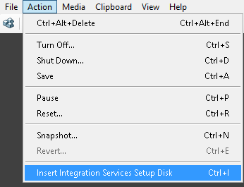 Для нових ОС, таких як Windows Server 2012, цей процес проходить автоматично, в нашому ж випадку треба перейти в меню Action - Insert Integration Services Setup Disk, після чого вручну запустити установку сервісів інтеграції